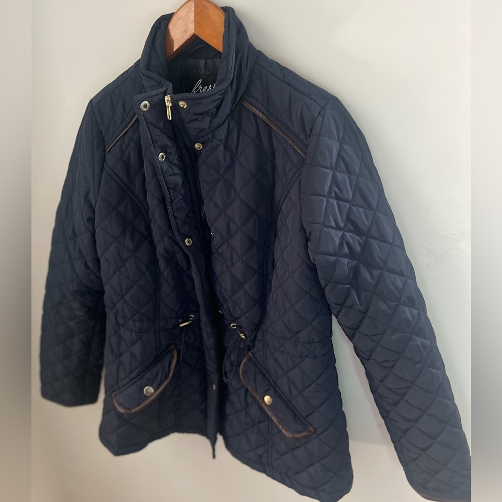 Blue Quilted Puffer Jacket w/ Gold Accents & Drawstring Waist – Size M - Picture 2 of 8